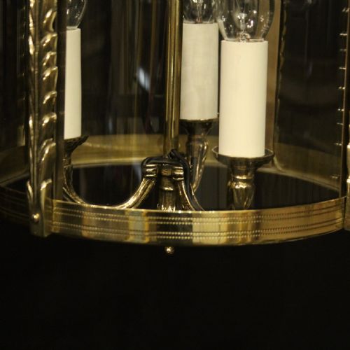 FRENCH BRASS TRIPLE LIGHT ANTIQUE CONVEX HALL LANTERN - ADDITIONAL PHOTO 4