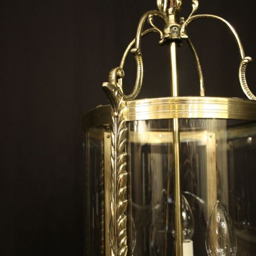 FRENCH BRASS TRIPLE LIGHT ANTIQUE CONVEX HALL LANTERN - ADDITIONAL PHOTO 7