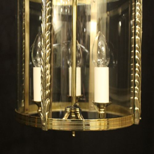 FRENCH BRASS TRIPLE LIGHT ANTIQUE CONVEX HALL LANTERN - ADDITIONAL PHOTO 8