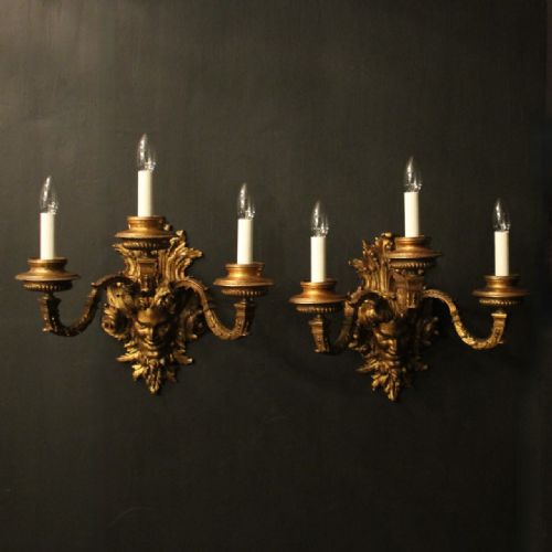 french large 19th c gilded bronze antique wall sconces - CATEGORY: ANTIQUE LIGHTING - DATED 19TH CENTURY