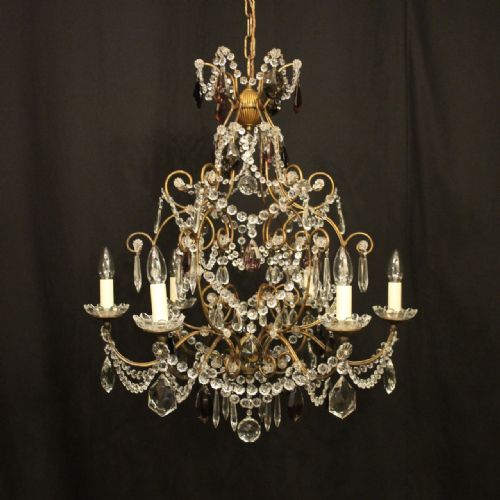 french gilded crystal 6 light antique chandelier - CATEGORY: ANTIQUE LIGHTING - DATED 1920