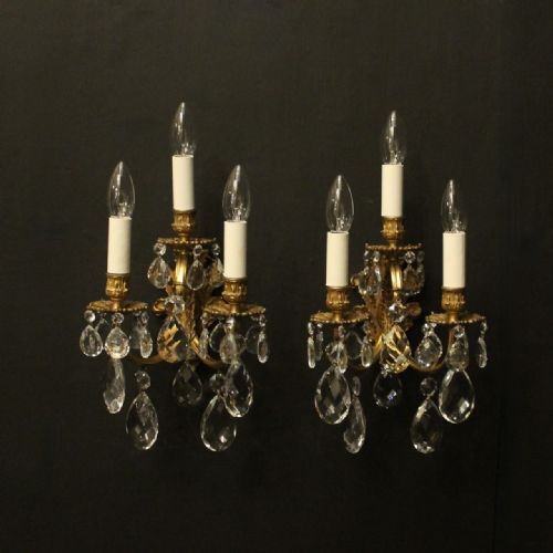 french pair of crystal triple arm antique wall lights - CATEGORY: ANTIQUE LIGHTING - DATED 1920