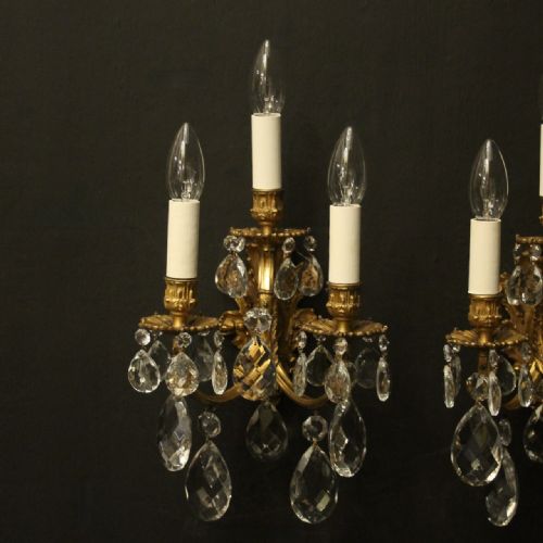 FRENCH PAIR OF CRYSTAL TRIPLE ARM ANTIQUE WALL LIGHTS - ADDITIONAL PHOTO 1