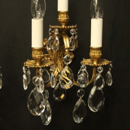 FRENCH PAIR OF CRYSTAL TRIPLE ARM ANTIQUE WALL LIGHTS - ADDITIONAL PHOTO 2
