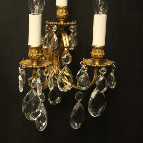 FRENCH PAIR OF CRYSTAL TRIPLE ARM ANTIQUE WALL LIGHTS - ADDITIONAL PHOTO 3