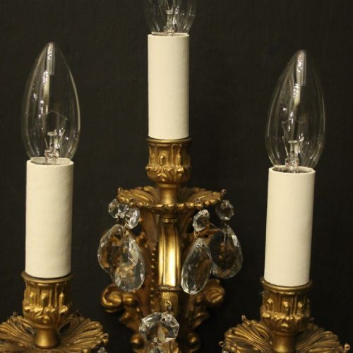 FRENCH PAIR OF CRYSTAL TRIPLE ARM ANTIQUE WALL LIGHTS - ADDITIONAL PHOTO 4