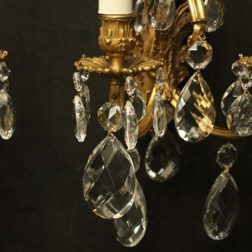 FRENCH PAIR OF CRYSTAL TRIPLE ARM ANTIQUE WALL LIGHTS - ADDITIONAL PHOTO 5