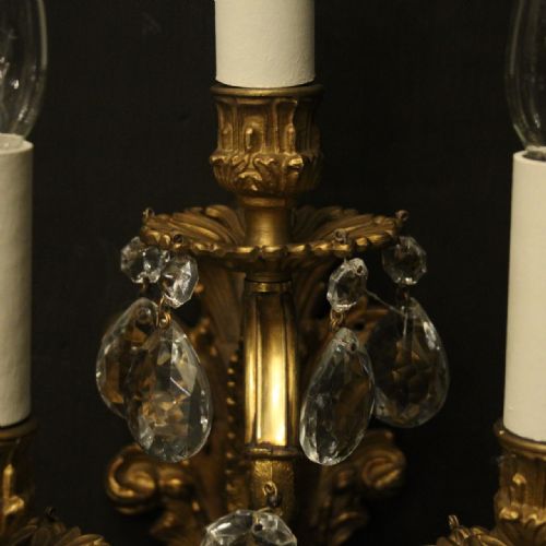 FRENCH PAIR OF CRYSTAL TRIPLE ARM ANTIQUE WALL LIGHTS - ADDITIONAL PHOTO 6