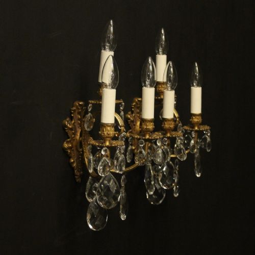 FRENCH PAIR OF CRYSTAL TRIPLE ARM ANTIQUE WALL LIGHTS - ADDITIONAL PHOTO 9