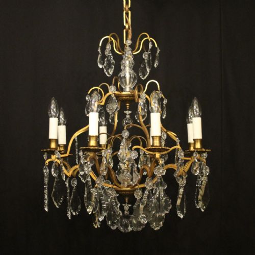 french gilded 8 light antique crystal chandelier - CATEGORY: ANTIQUE LIGHTING - DATED 1920
