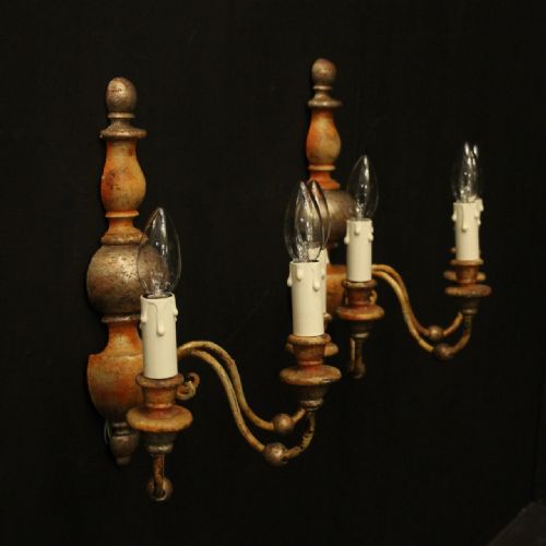 ITALIAN PAIR OF POLYCHROME SILVER GILDED TRIPLE ARM WALL LIGHTS - ADDITIONAL PHOTO 9