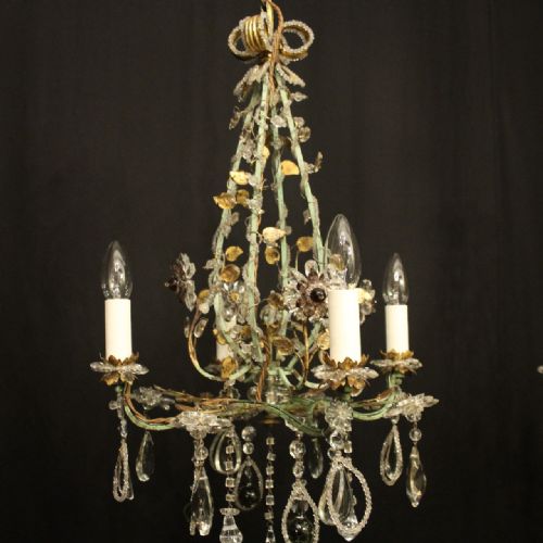 FRENCH PAIR TOLEWARE 4 LIGHT ANTIQUE CHANDELIERS - ADDITIONAL PHOTO 4