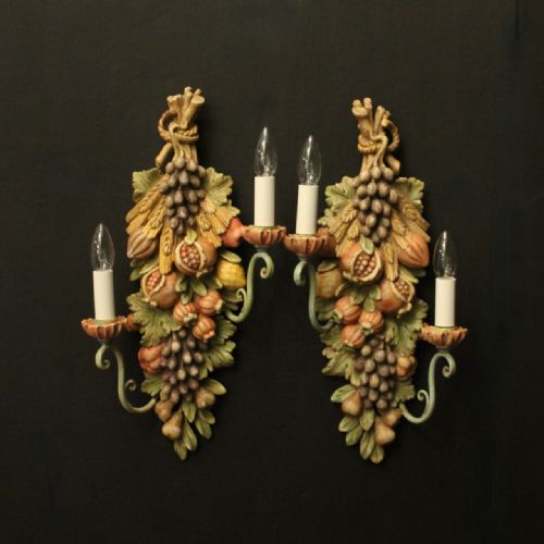 florentine polychrome fruit twin arm antique wall lights - CATEGORY: ANTIQUE LIGHTING - DATED 1920