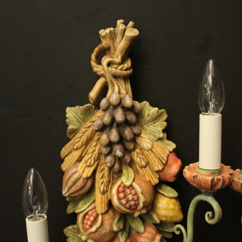 FLORENTINE POLYCHROME FRUIT TWIN ARM ANTIQUE WALL LIGHTS - ADDITIONAL PHOTO 1