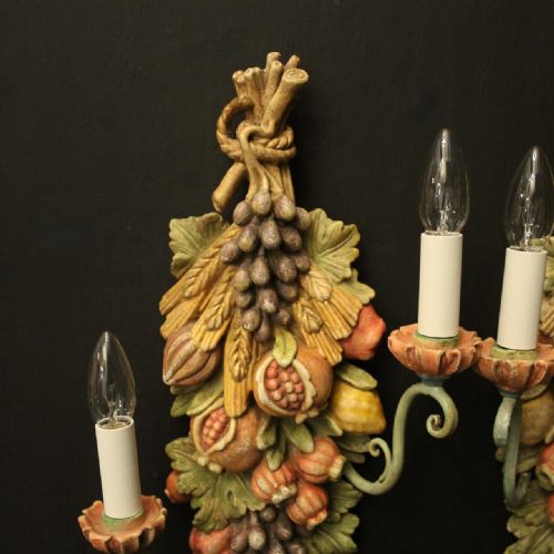 FLORENTINE POLYCHROME FRUIT TWIN ARM ANTIQUE WALL LIGHTS - ADDITIONAL PHOTO 2
