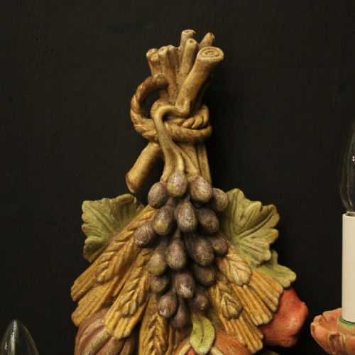 FLORENTINE POLYCHROME FRUIT TWIN ARM ANTIQUE WALL LIGHTS - ADDITIONAL PHOTO 3