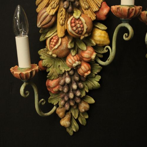 FLORENTINE POLYCHROME FRUIT TWIN ARM ANTIQUE WALL LIGHTS - ADDITIONAL PHOTO 5
