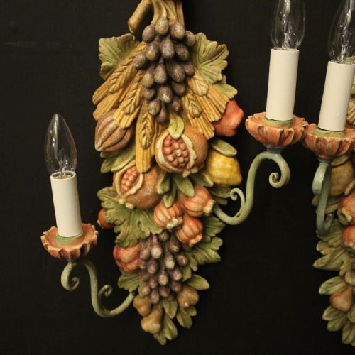 FLORENTINE POLYCHROME FRUIT TWIN ARM ANTIQUE WALL LIGHTS - ADDITIONAL PHOTO 6