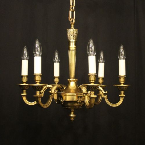 french gilded bronze 6 light antique chandelier - CATEGORY: ANTIQUE LIGHTING - DATED 1920