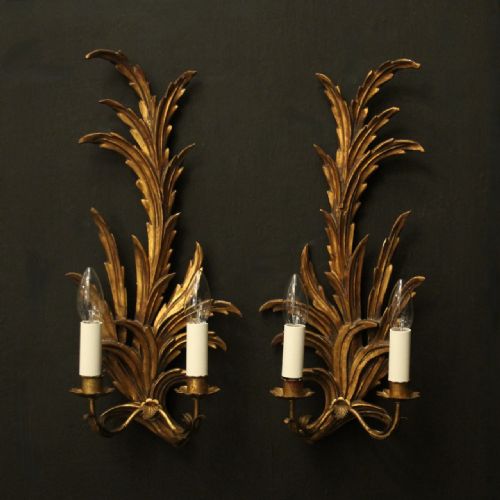 florentine pair of giltwood twin arm leaf wall lights - CATEGORY: ANTIQUE LIGHTING - DATED 1930
