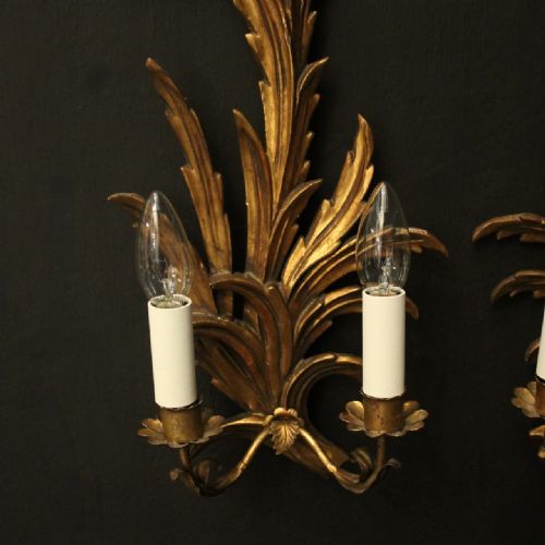 FLORENTINE PAIR OF GILTWOOD TWIN ARM LEAF WALL LIGHTS - ADDITIONAL PHOTO 1