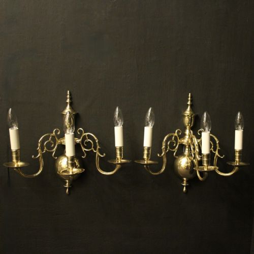 english pair of brass triple twin arm antique wall lights - CATEGORY: ANTIQUE LIGHTING - DATED 19TH CENTURY