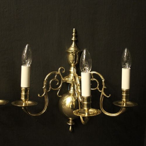 ENGLISH PAIR OF BRASS TRIPLE TWIN ARM ANTIQUE WALL LIGHTS - ADDITIONAL PHOTO 1