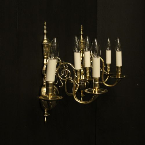 ENGLISH PAIR OF BRASS TRIPLE TWIN ARM ANTIQUE WALL LIGHTS - ADDITIONAL PHOTO 9