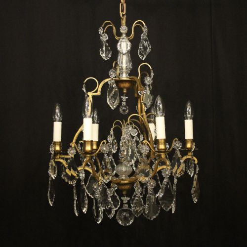 french gilded crystal 6 light antique crystal chandelier - CATEGORY: ANTIQUE LIGHTING - DATED 1920