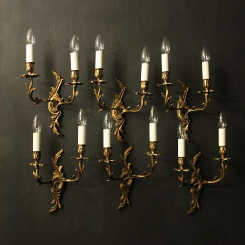 french set of 6 gilded twin arm antique wall lights - CATEGORY: ANTIQUE LIGHTING - DATED 1920