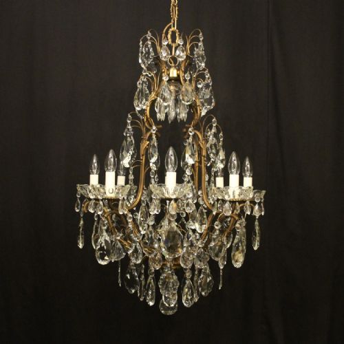 french gilded bronze 9 light antique crystal chandelier - CATEGORY: ANTIQUE LIGHTING - DATED 1920