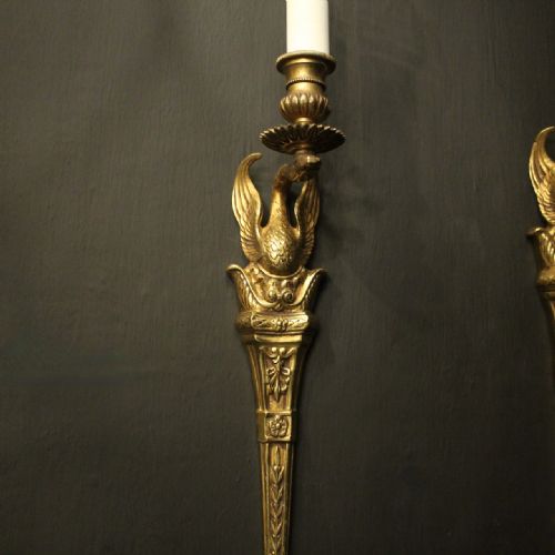 FRENCH PAIR OF EMPIRE GILDED BRONZE ANTIQUE WALL LIGHTS - ADDITIONAL PHOTO 1