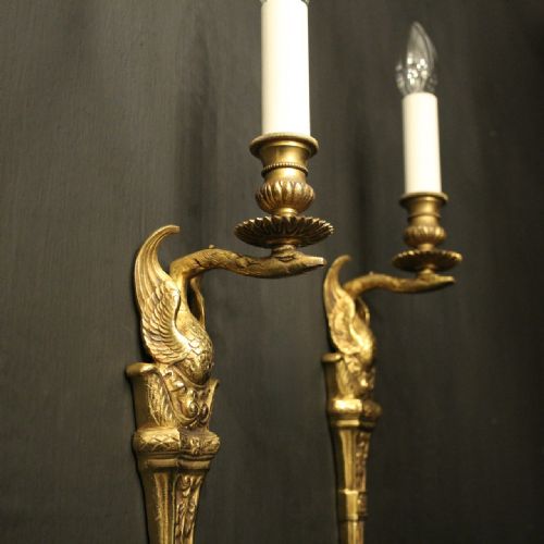 FRENCH PAIR OF EMPIRE GILDED BRONZE ANTIQUE WALL LIGHTS - ADDITIONAL PHOTO 2