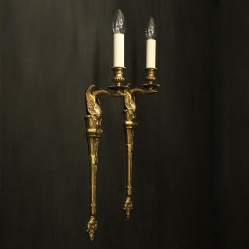 FRENCH PAIR OF EMPIRE GILDED BRONZE ANTIQUE WALL LIGHTS - ADDITIONAL PHOTO 9