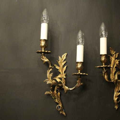 FRENCH PAIR OF GILDED TWIN ARM ANTIQUE WALL LIGHTS - ADDITIONAL PHOTO 1