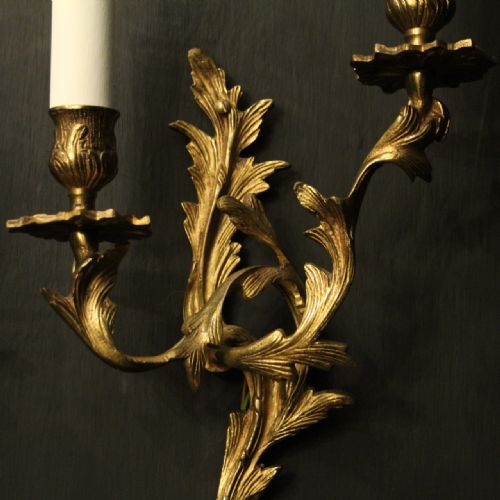 FRENCH PAIR OF GILDED TWIN ARM ANTIQUE WALL LIGHTS - ADDITIONAL PHOTO 2