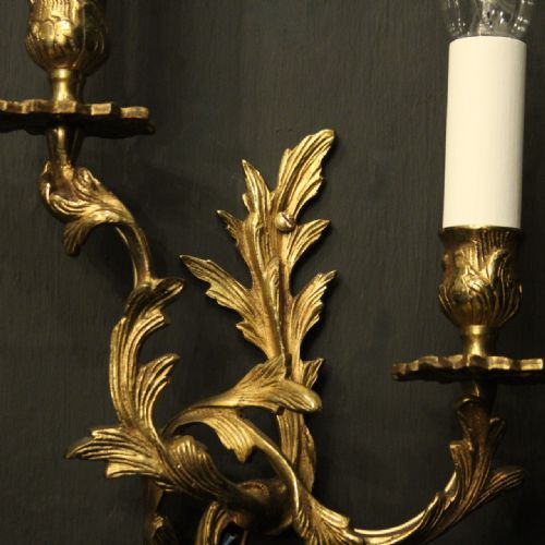 FRENCH PAIR OF GILDED TWIN ARM ANTIQUE WALL LIGHTS - ADDITIONAL PHOTO 3