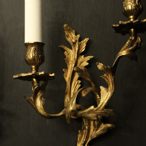 FRENCH PAIR OF GILDED TWIN ARM ANTIQUE WALL LIGHTS - ADDITIONAL PHOTO 7