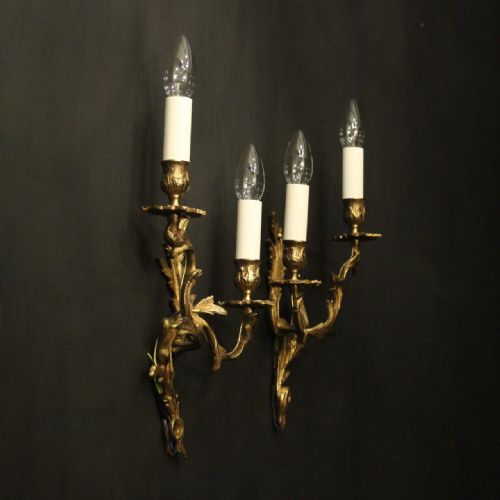 FRENCH PAIR OF GILDED TWIN ARM ANTIQUE WALL LIGHTS - ADDITIONAL PHOTO 9