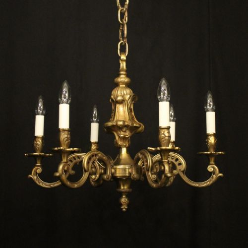 french gilded bronze 6 light antique chandelier - CATEGORY: ANTIQUE LIGHTING - DATED 1920