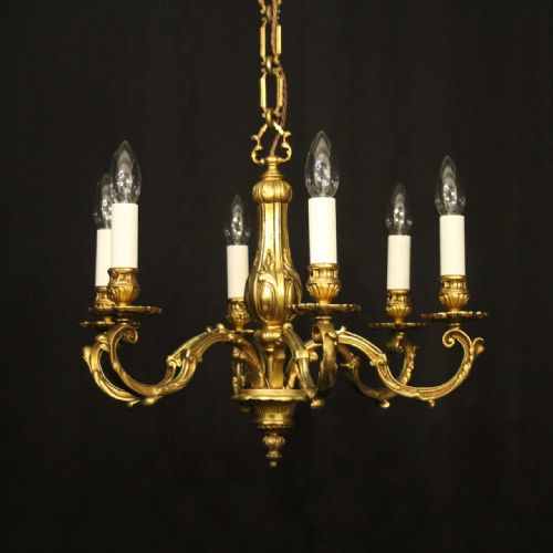 french gilded bronze 6 light antique chandelier - CATEGORY: ANTIQUE LIGHTING - DATED 1920
