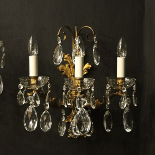 FRENCH GILDED TRIPLE ARM GILDED BRONZE CRYSTAL ANTIQUE WALL LIGHTS - ADDITIONAL PHOTO 1