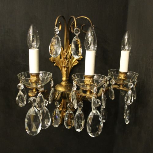 FRENCH GILDED TRIPLE ARM GILDED BRONZE CRYSTAL ANTIQUE WALL LIGHTS - ADDITIONAL PHOTO 2