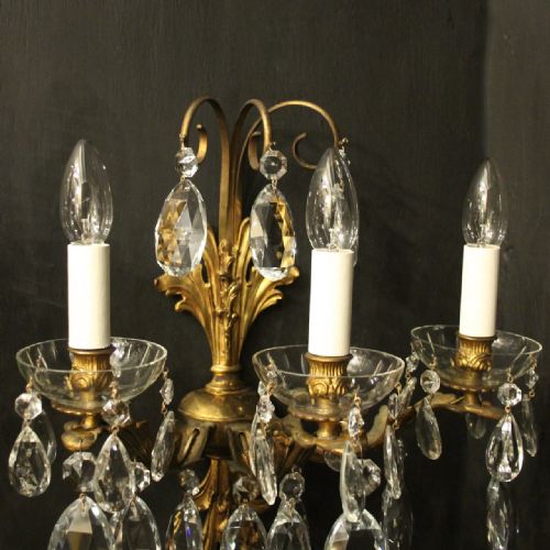 FRENCH GILDED TRIPLE ARM GILDED BRONZE CRYSTAL ANTIQUE WALL LIGHTS - ADDITIONAL PHOTO 3