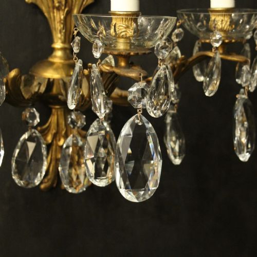 FRENCH GILDED TRIPLE ARM GILDED BRONZE CRYSTAL ANTIQUE WALL LIGHTS - ADDITIONAL PHOTO 4