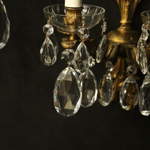 FRENCH GILDED TRIPLE ARM GILDED BRONZE CRYSTAL ANTIQUE WALL LIGHTS - ADDITIONAL PHOTO 5