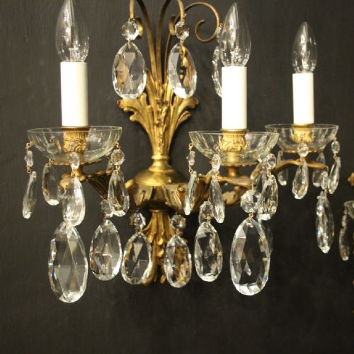 FRENCH GILDED TRIPLE ARM GILDED BRONZE CRYSTAL ANTIQUE WALL LIGHTS - ADDITIONAL PHOTO 6