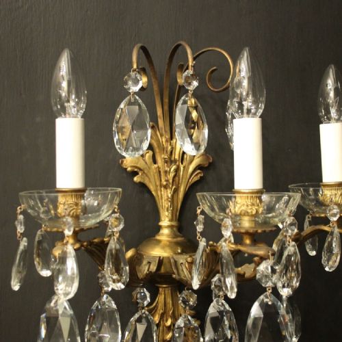 FRENCH GILDED TRIPLE ARM GILDED BRONZE CRYSTAL ANTIQUE WALL LIGHTS - ADDITIONAL PHOTO 7
