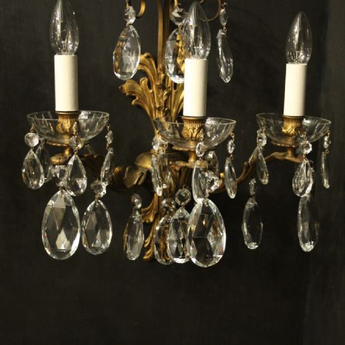 FRENCH GILDED TRIPLE ARM GILDED BRONZE CRYSTAL ANTIQUE WALL LIGHTS - ADDITIONAL PHOTO 8