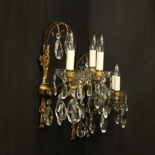 FRENCH GILDED TRIPLE ARM GILDED BRONZE CRYSTAL ANTIQUE WALL LIGHTS - ADDITIONAL PHOTO 9